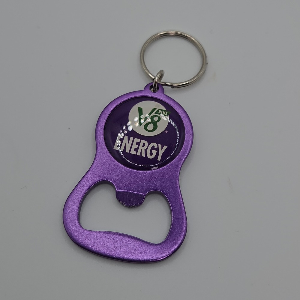 V8 Plus Energy Bottle Opener Keychain Vintage Purple Metallic Beverage Promo